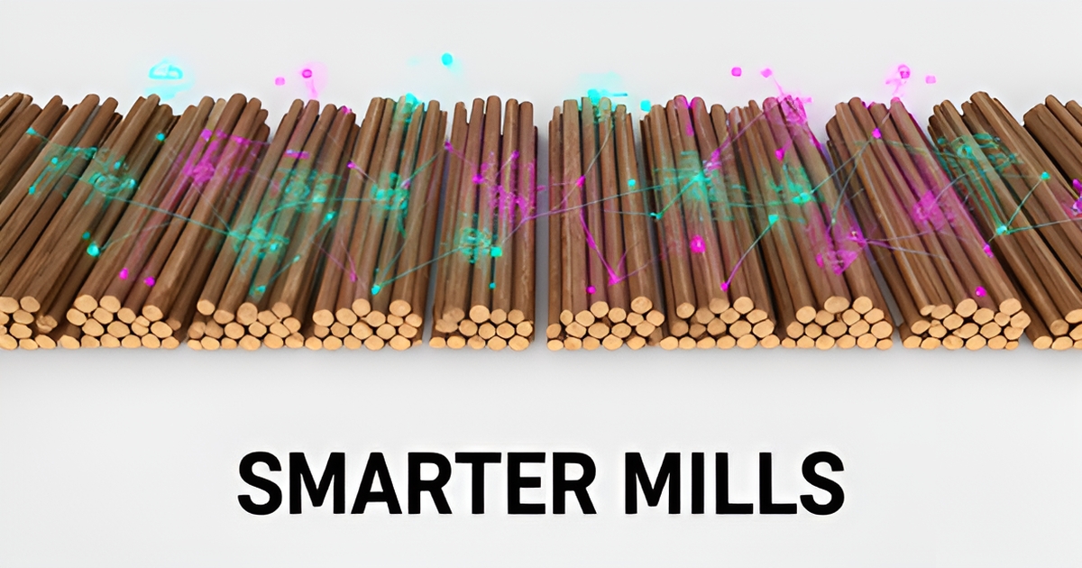Flat illustration of stacked sawmill logs overlaid with digital AI tracking lines in teal and magenta, with headline Smarter Mills.