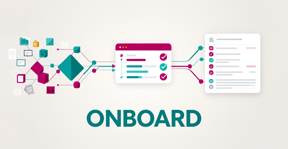 Flat illustration of an AI-automated onboarding workflow transforming scattered tasks into organized project milestones, accented in teal and magenta.