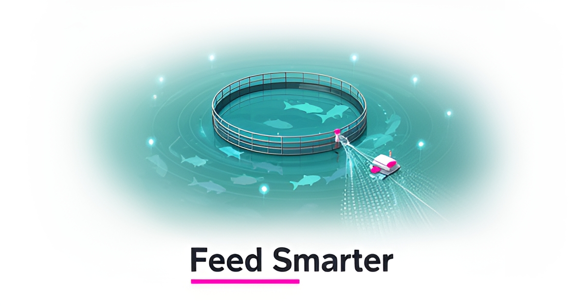 Flat illustration of an AI-monitored aquaculture fish farm with data sensors and feed streams, headlined Feed Smarter.
