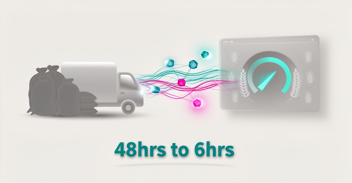 Flat illustration of feed order processing transforming from manual grain sacks and trucks into an AI digital dashboard with teal and magenta accents.