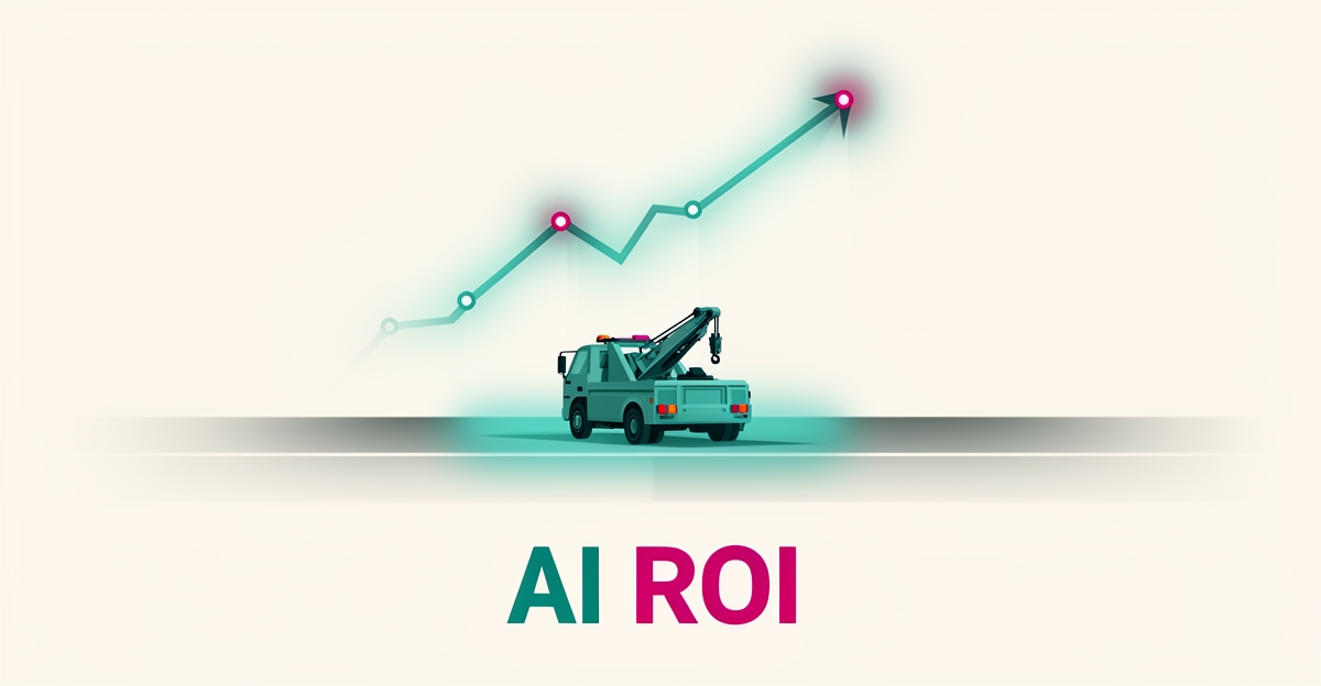 Flat illustration of a tow truck on a glowing optimized route with a rising ROI graph in teal and magenta, headline reading AI ROI.