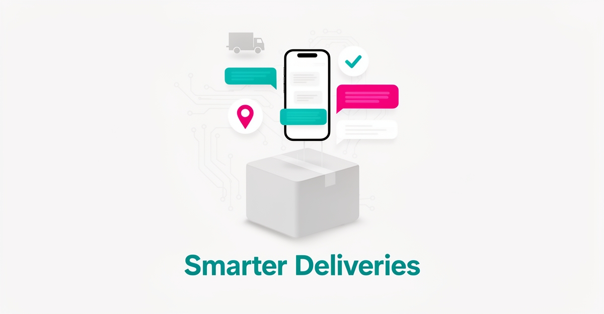Flat illustration of a smartphone with AI chat bubbles above a delivery package, accented in teal and magenta, with headline Smarter Deliveries.
