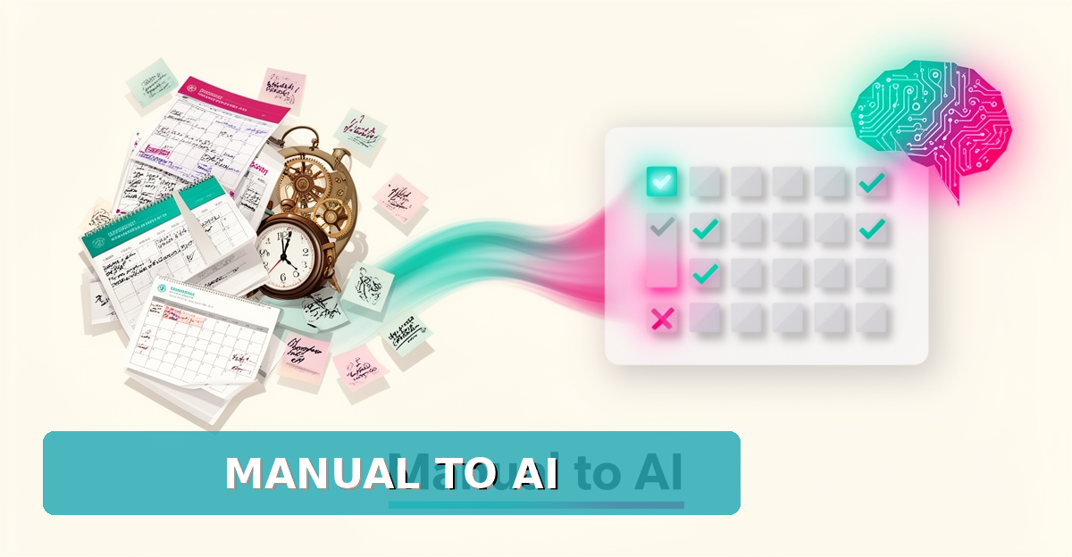 Flat illustration of bowling alley scheduling shifting from paper calendars to an AI-powered digital booking interface in teal and magenta.