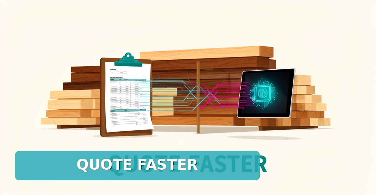 Flat illustration of lumber stacks and a paper quote transforming into digital AI data streams in teal and magenta, with the headline Quote Faster.