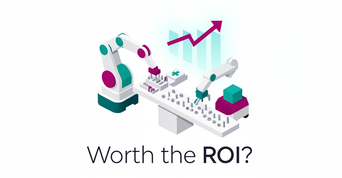 Flat illustration of an automated robotic system sorting fasteners with a rising efficiency chart, accented in teal and magenta, with the headline 'Worth the ROI?'