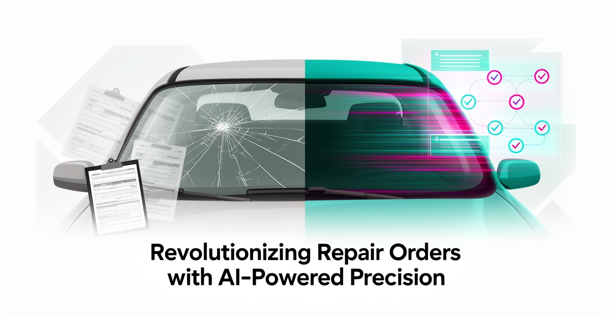 Flat illustration of a windshield transforming from cracked to repaired with digital AI scan lines in teal and magenta, headlined Manual to AI.