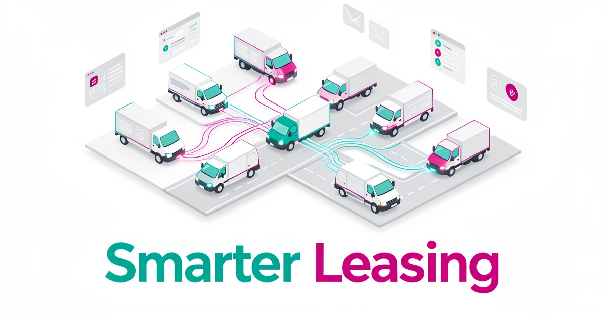 Flat illustration of connected fleet vehicles with AI data streams in teal and magenta, symbolizing personalized fleet leasing experiences.