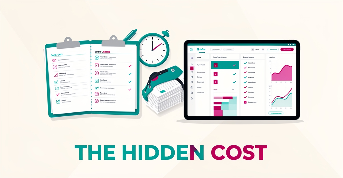Flat illustration of manual dive safety paperwork transforming into an automated digital dashboard, accented in teal and magenta.
