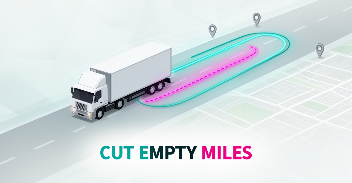 Flat illustration of a refrigerated truck on an optimized route with glowing teal and magenta backhaul paths, headlined Cut Empty Miles.
