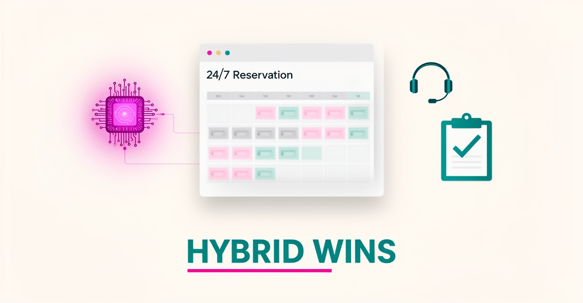 Flat illustration of an AI reservation system connected to staff-support icons, symbolizing hybrid AI-human teams, with the headline Hybrid Wins.
