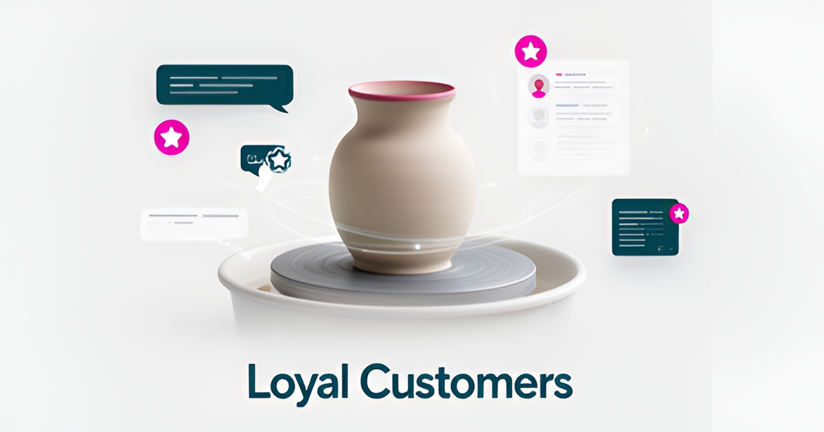 Flat illustration of a pottery vase with AI-powered loyalty and personalization icons, headlined Loyal Customers.