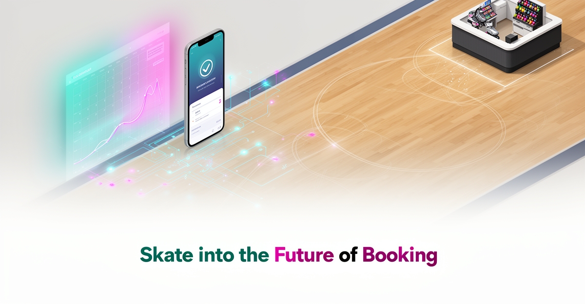 Flat illustration of a roller rink transforming into digital booking and pricing elements with teal and magenta AI automation accents.