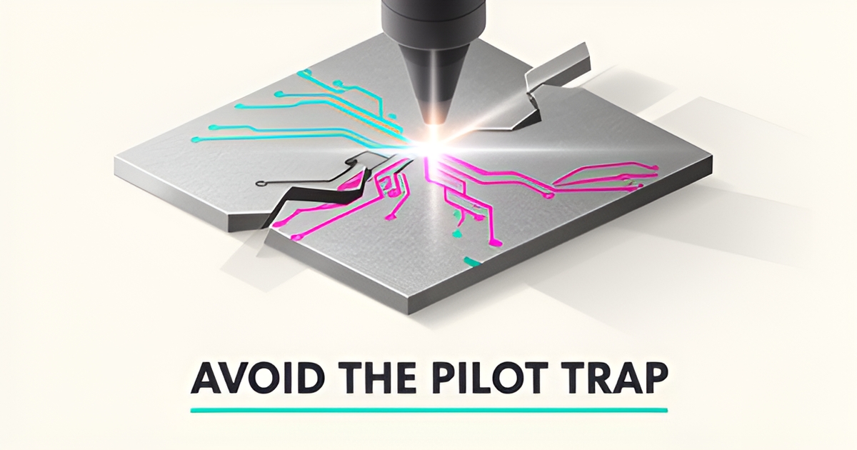 Flat illustration of a laser engraving path fragmenting into disconnected pieces, symbolizing failed AI integration in engraving shops.