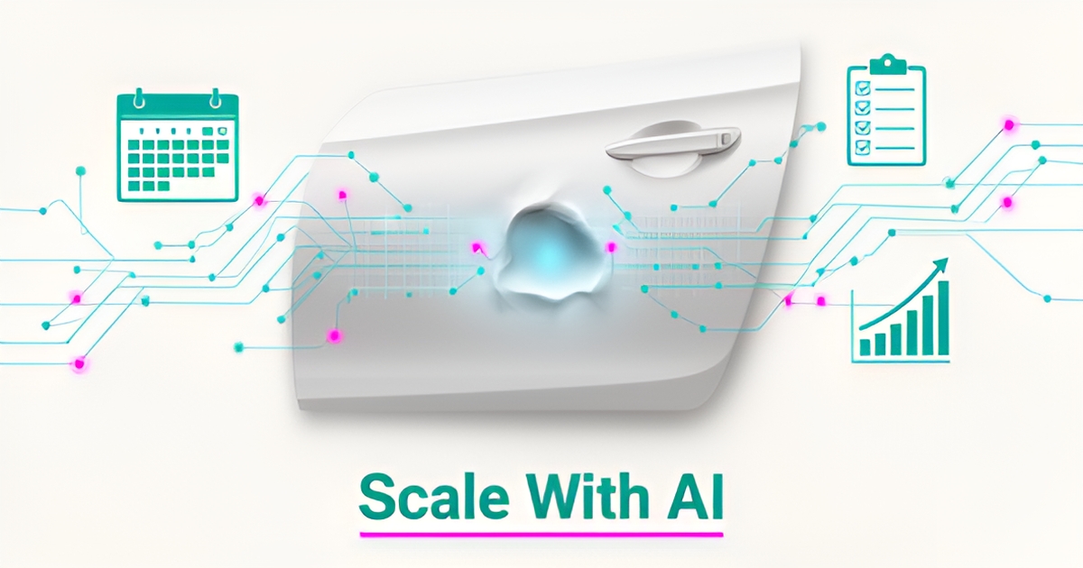 Flat illustration of AI scanning a car dent with connected workflow icons, headline reading Scale With AI.