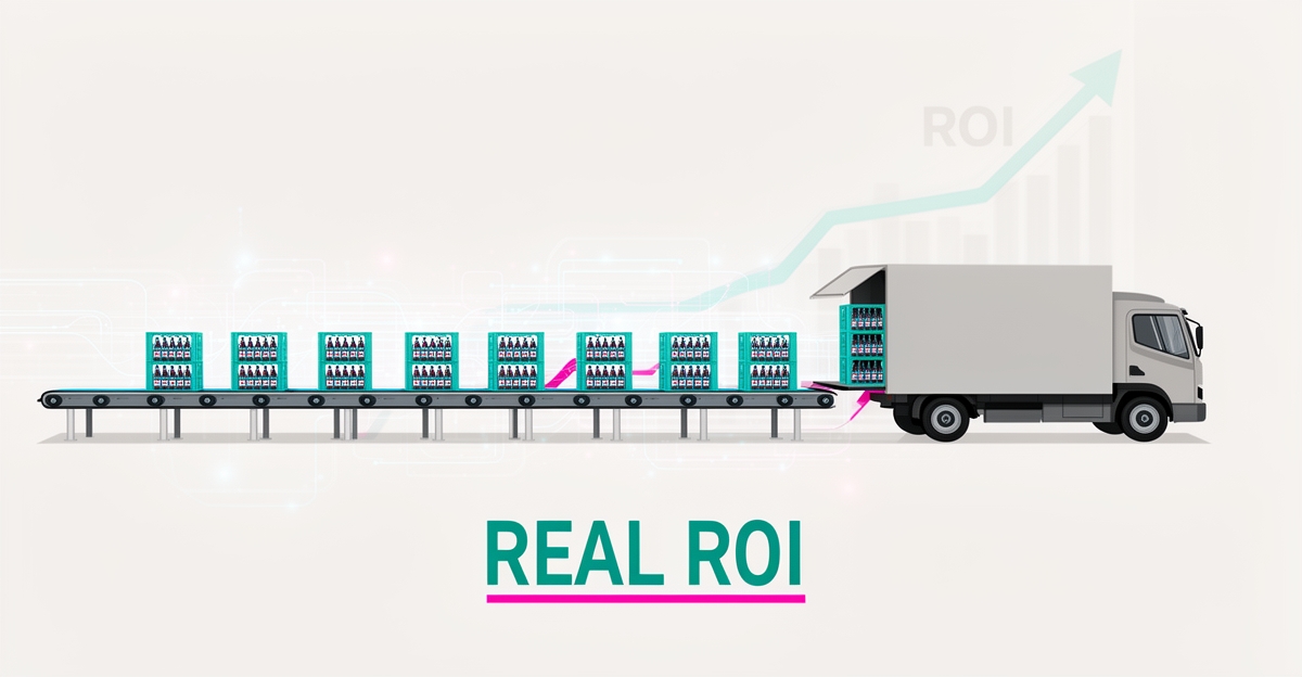 Flat illustration of beverage crates on a conveyor with data-flow lines and a rising ROI graph, accented in teal and magenta.