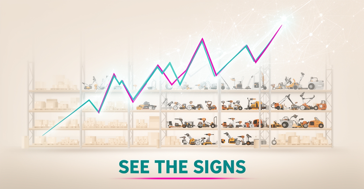 Flat illustration of an equipment warehouse with empty and overflowing shelves, an erratic sales chart, and AI forecasting nodes, headlined 'See the Signs'.