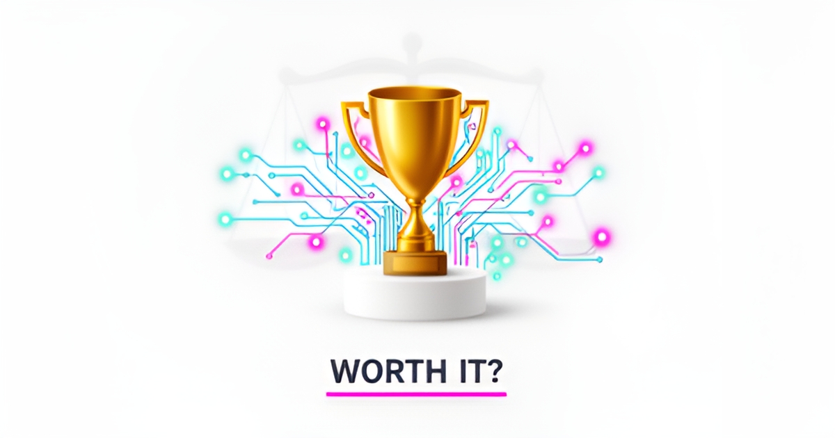 Flat illustration of a trophy beside AI circuit motifs in teal and magenta, symbolizing AI's cost-benefit value for awards shops.