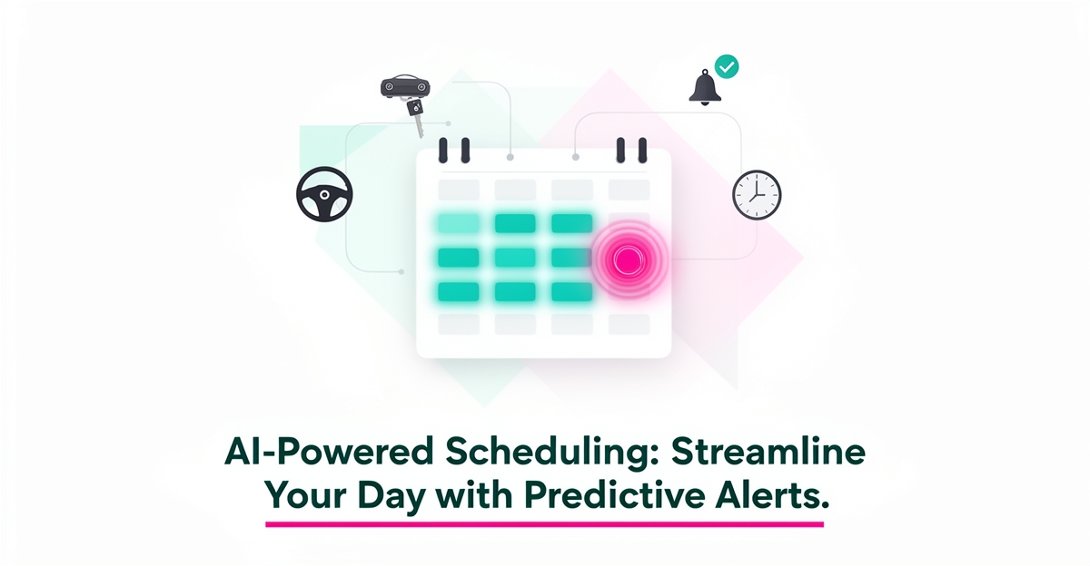 Flat illustration of an AI-powered scheduling calendar with predictive alerts for driving school lesson bookings.