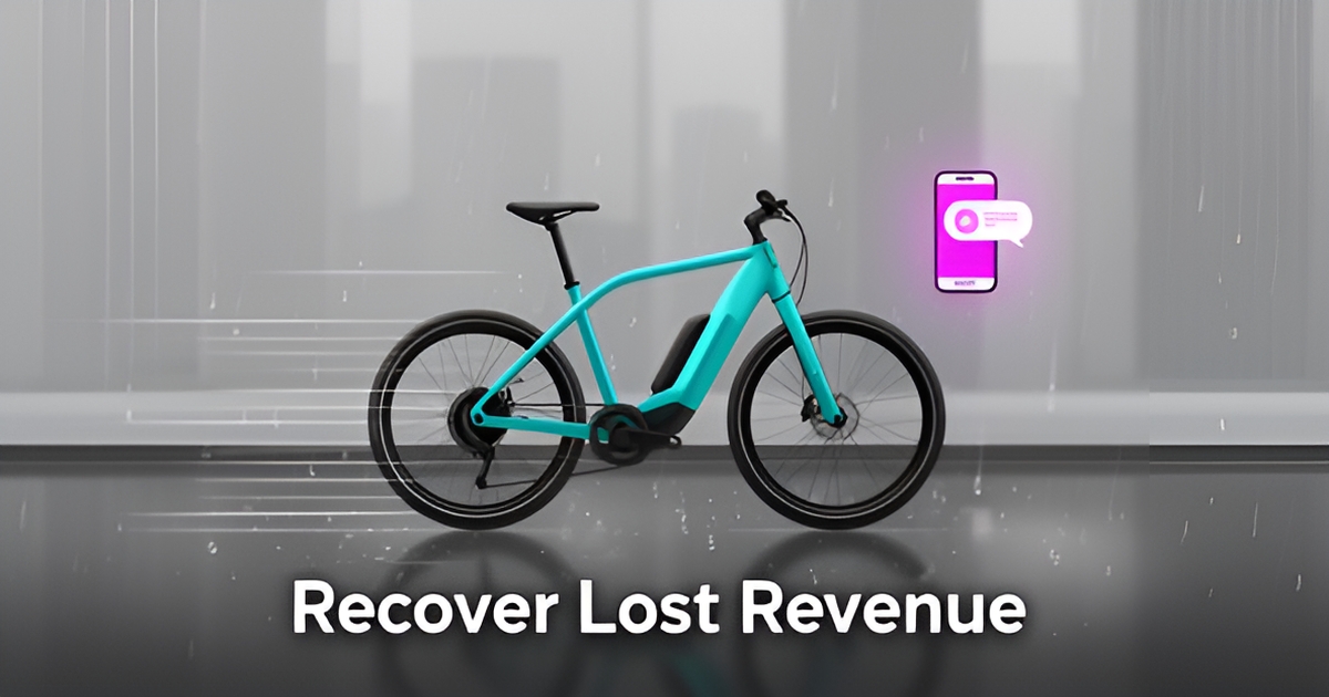 A modern flat illustration of an electric bike in light rain with a digital SMS notification suggesting automated rebooking, using brand colors as accents.
