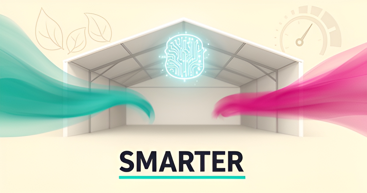 Flat illustration of AI-optimized ventilation airflow in a hog barn, with teal and magenta accents symbolizing energy-efficient climate control.
