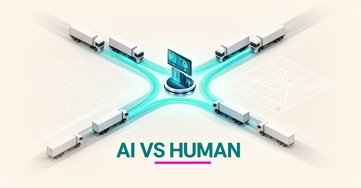 Flat illustration of trucks on glowing AI-optimized highway routes converging at a digital dispatch hub in teal and magenta.