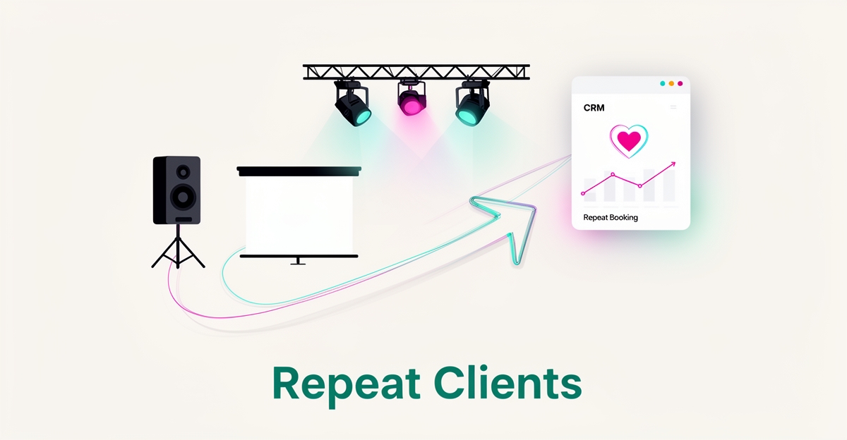 Flat illustration of AV rental equipment linked to a CRM dashboard with a repeat-booking loop, accented in teal and magenta.