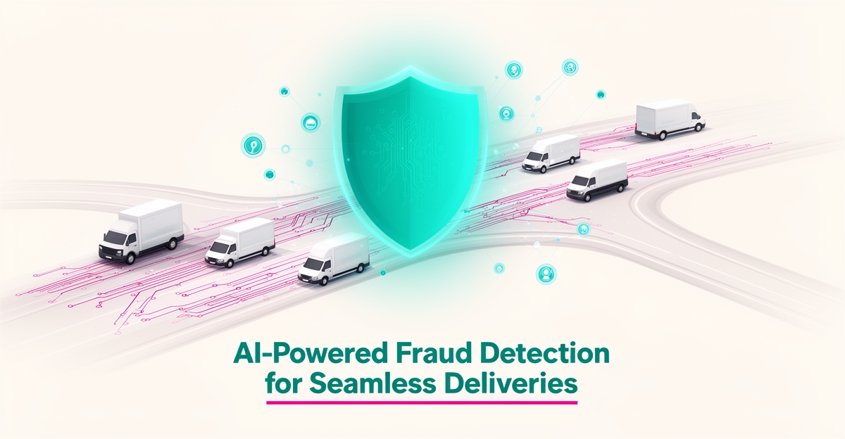 Flat illustration of a fleet of trucks protected by a glowing AI fraud-detection shield with teal and magenta data network accents.