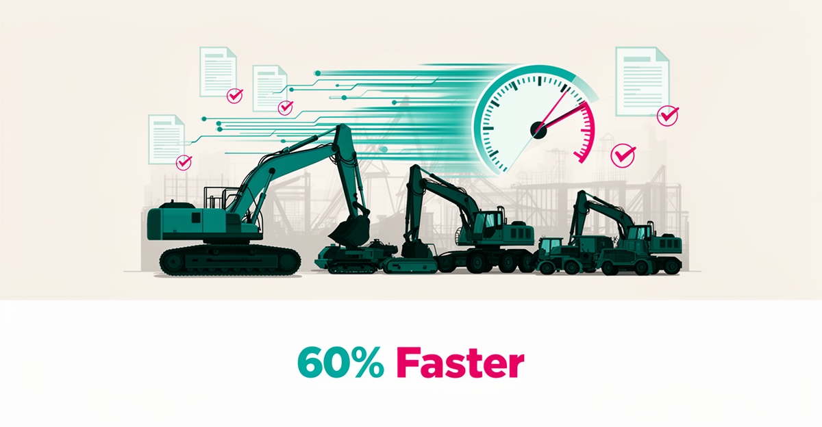 Flat illustration of construction equipment with digital automation streams and a speed gauge, headline reading 60% Faster.