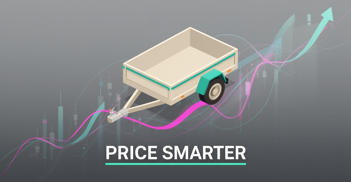 Flat illustration of a trailer above a rising pricing chart with teal and magenta accents, headlined Price Smarter.
