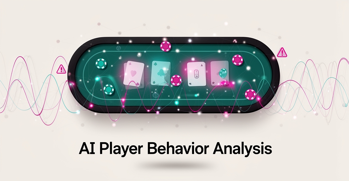 Flat illustration of AI network analyzing casino gameplay to detect bots and collusion in real time.