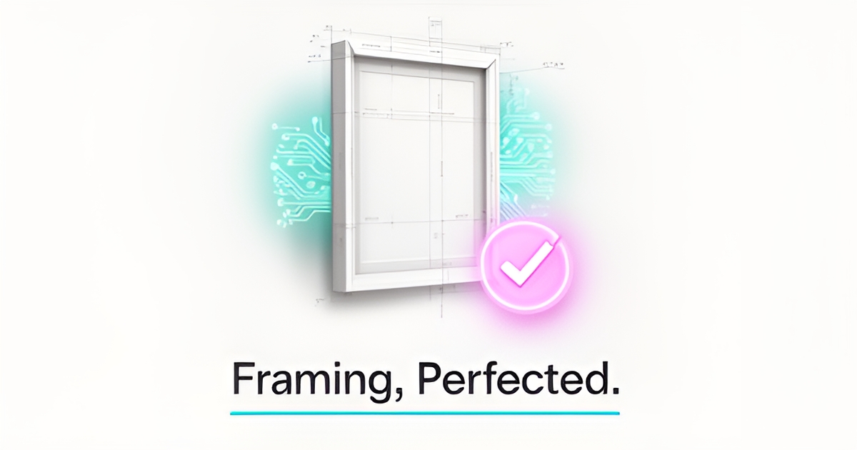 Flat illustration of a picture frame with AI measurement guides and validation checkmark in teal and magenta, headline Framing Perfected.
