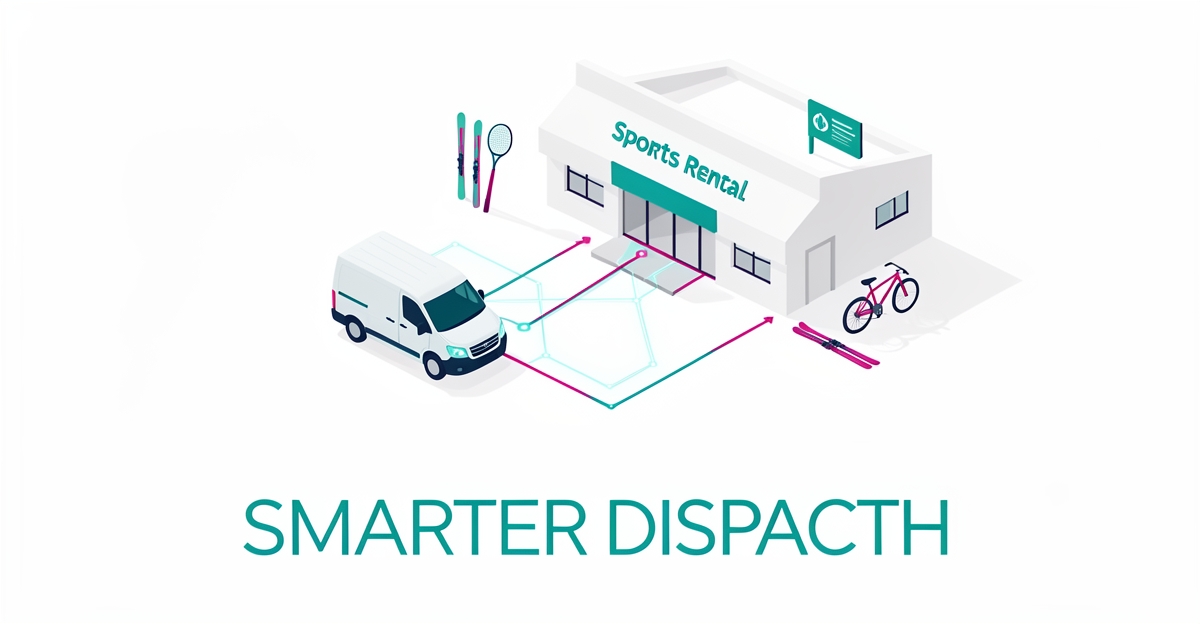Flat illustration of a delivery van following an AI-optimized glowing route to a sports rental outlet, with headline Smarter Dispatch.