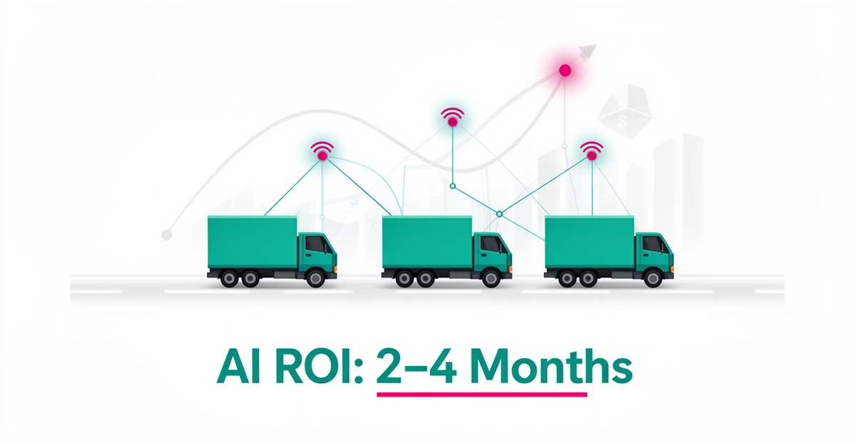 Flat illustration of small fleet trucks connected by AI data nodes with a rising ROI curve, headline reading AI ROI: 2–4 Months.