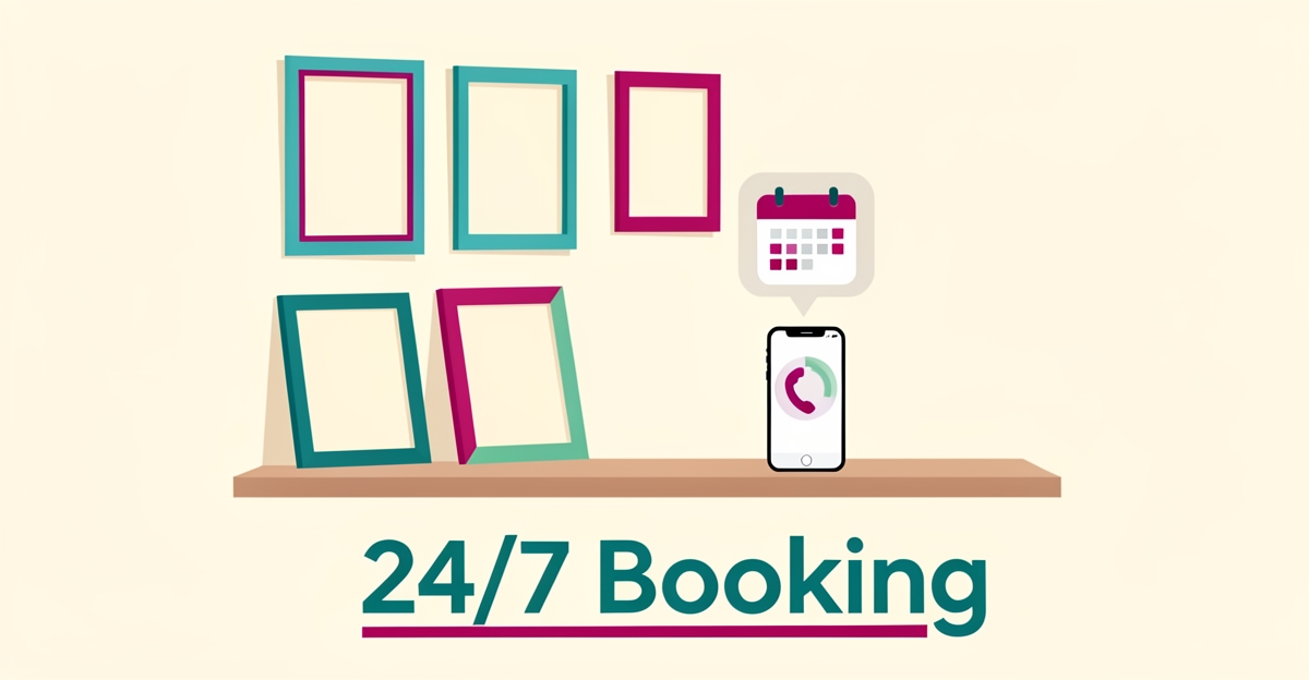 Flat illustration of a frame shop with picture frames, a smartphone, speech bubble, and calendar icons symbolizing 24/7 AI receptionist booking.