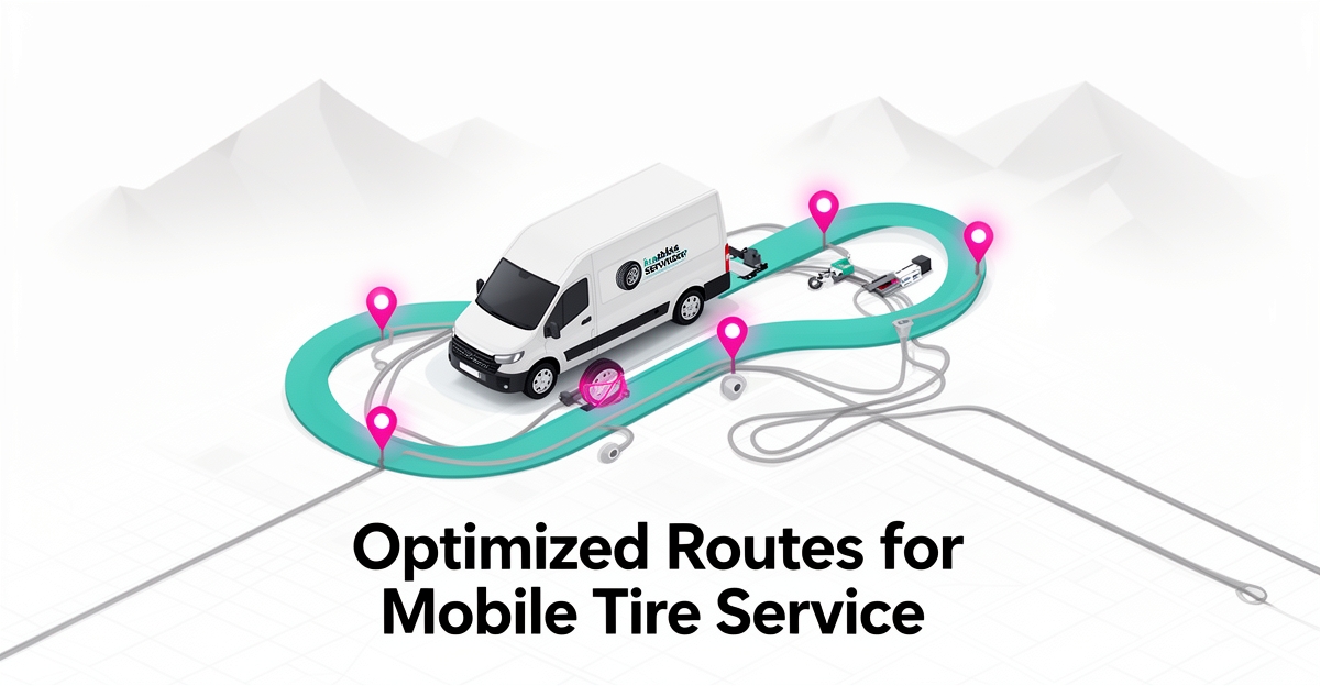 Flat illustration of a mobile tire service van following an optimized teal route with magenta stops, headline reading Smarter Routes.