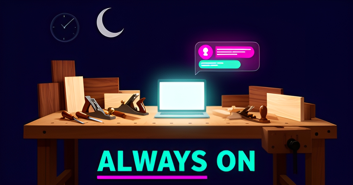 Flat illustration of a woodworking workshop at night with glowing AI chat bubbles, symbolizing 24/7 automated customer support.