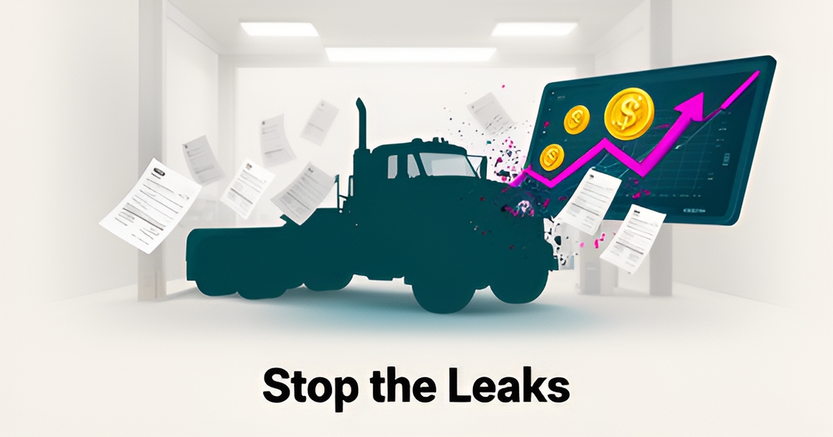 Flat illustration of a diesel truck in a repair bay with paper invoices transforming into a digital dashboard, headline reading Stop the Leaks.