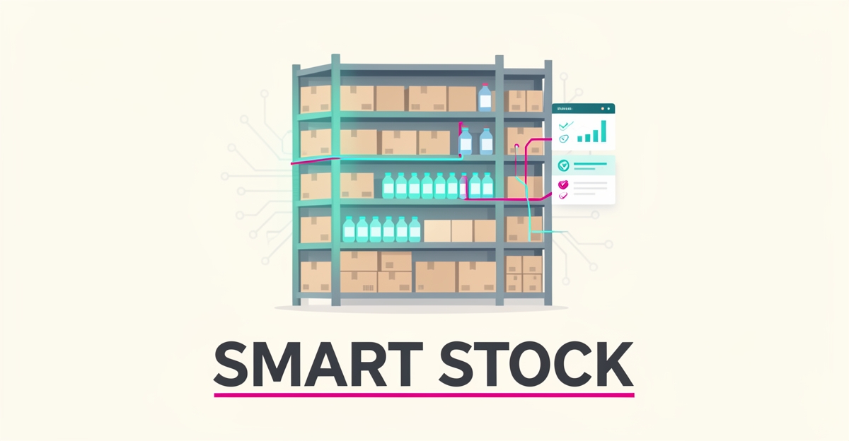 Flat illustration of glowing AI-monitored janitorial supply warehouse shelves with dashboard cards and the headline Smart Stock.