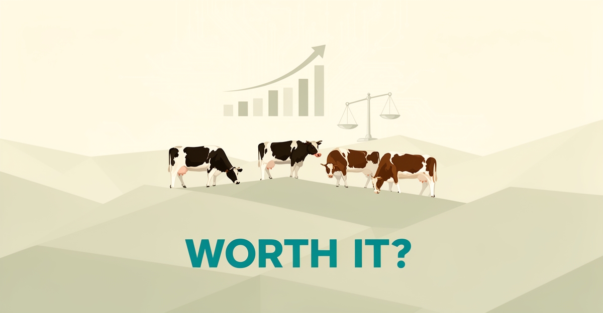 Flat illustration of cattle grazing with data charts and circuit motifs in teal and magenta, symbolizing AI cost-benefit analysis in ranching.
