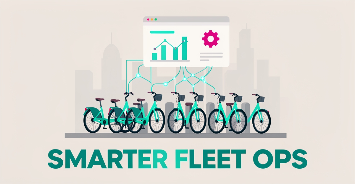 Flat illustration of rental bikes connected to an AI dashboard by glowing teal data lines, symbolizing automated bike rental operations.
