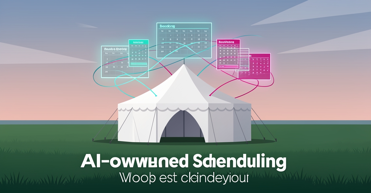 Flat illustration of an event tent surrounded by glowing AI booking calendar panels in teal and magenta, symbolizing automated scheduling.