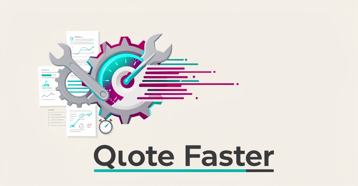 Flat illustration of auto parts quoting shifting from paper sheets to a fast digital dashboard, headlined Quote Faster.