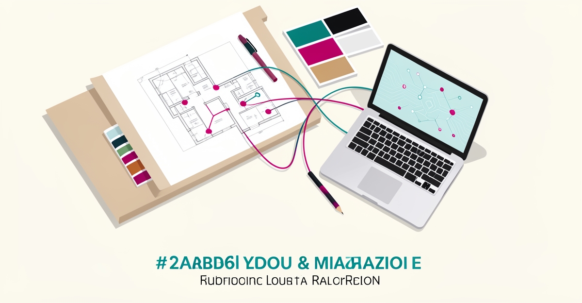 Flat illustration of an interior design workspace with floor plans and swatches linked by AI connection lines in teal and magenta.