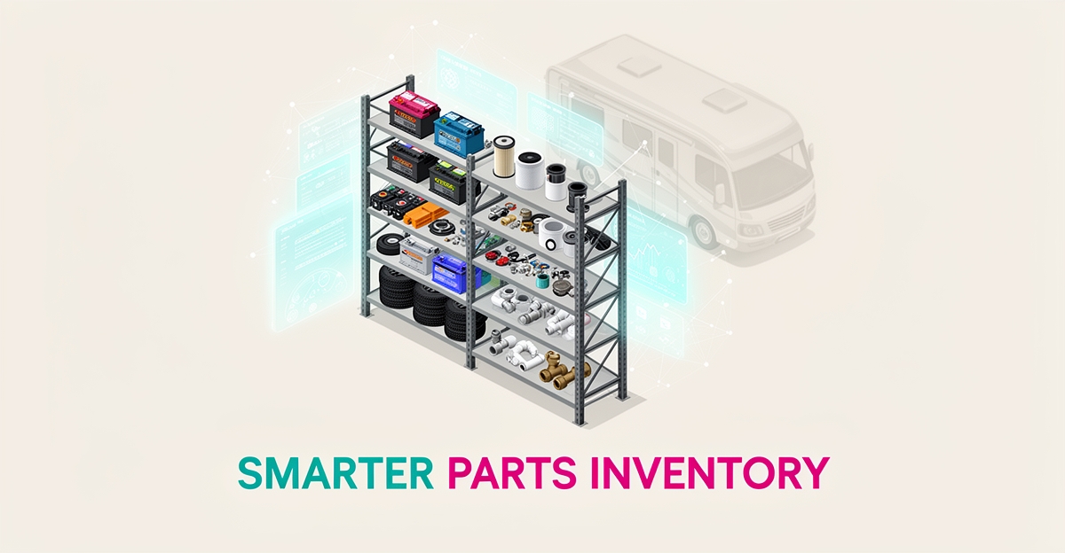 Flat illustration of an RV repair shop parts warehouse with AI forecast dashboards and glowing network nodes in teal and magenta.