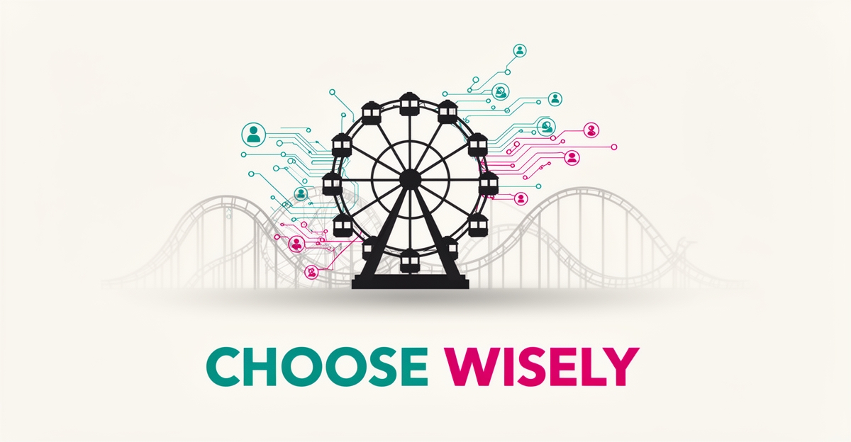 Flat illustration of an amusement park Ferris wheel and coaster connected by AI circuit lines with headline Choose Wisely.