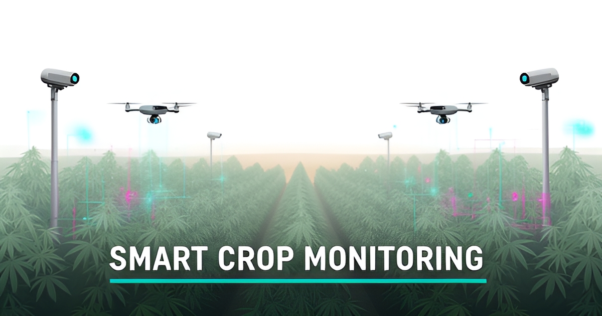 Flat illustration of AI sensors and drones scanning geometric rows of hemp plants in a minimalist farm field with teal and magenta accents.
