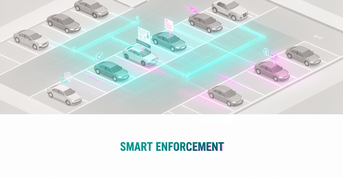 Flat illustration of a parking lot scanned by a glowing AI detection grid with digital citation icons, accented in teal and magenta.