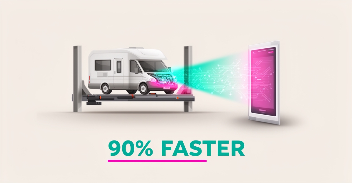 Flat illustration of an RV in a service bay being scanned by glowing AI diagnostic data lines, with a headline reading 90% Faster.