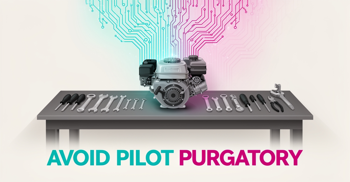 Flat illustration of a small engine repair workbench with dissolving AI circuit lines overhead, symbolizing failed AI projects in small engine shops.