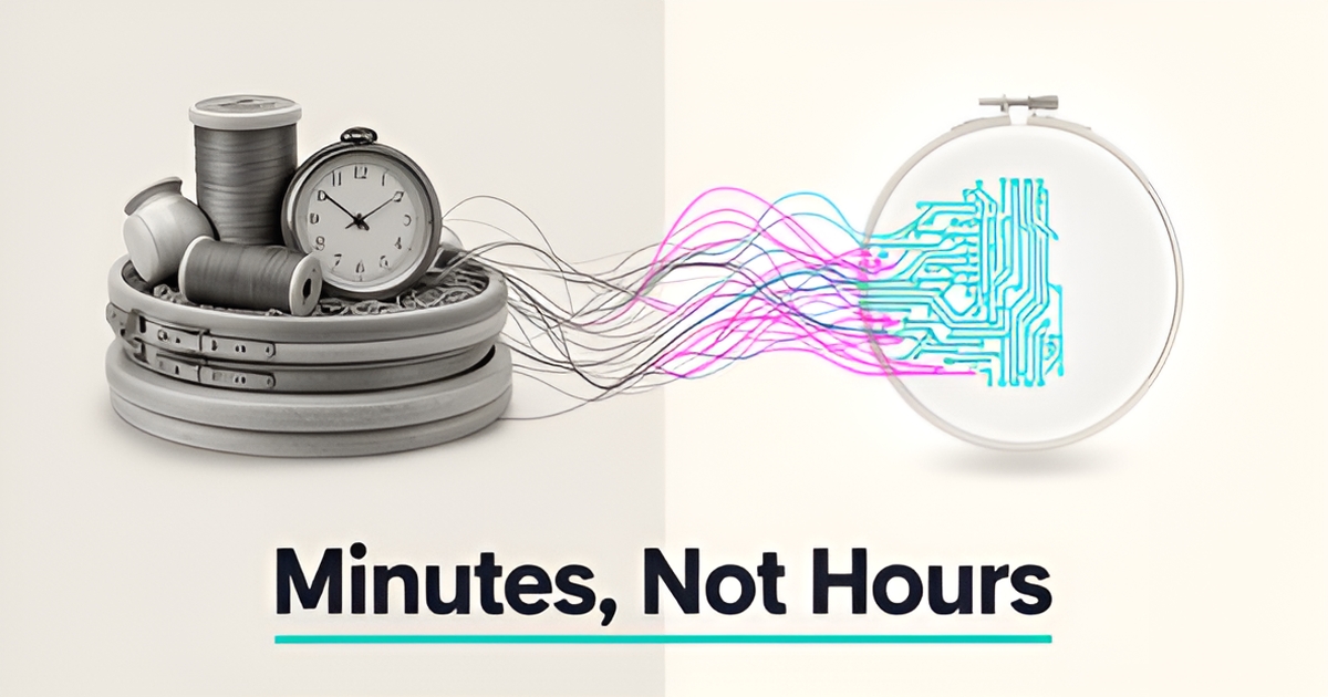Flat illustration comparing slow manual embroidery design review with fast AI digitizing, accented in teal and magenta with headline 'Minutes, Not Hours'.
